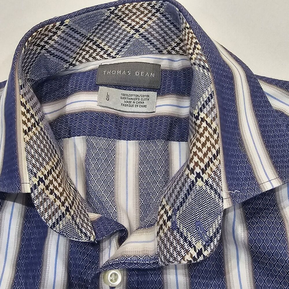 Thomas Dean Button Up Casual Shirt LARGE Striped Flip Cuff Long Sleeve Men's